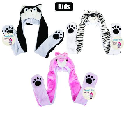 Snuggly Bits Beanie Kids Animal With Earflap+Handpocket