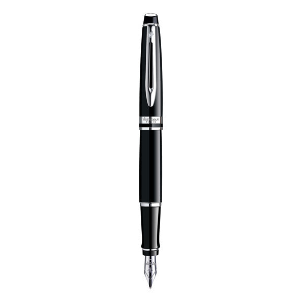 Waterman Expert Fountain Pen Medium Nib Blue Ink - Lacquer Black Chrome Trim