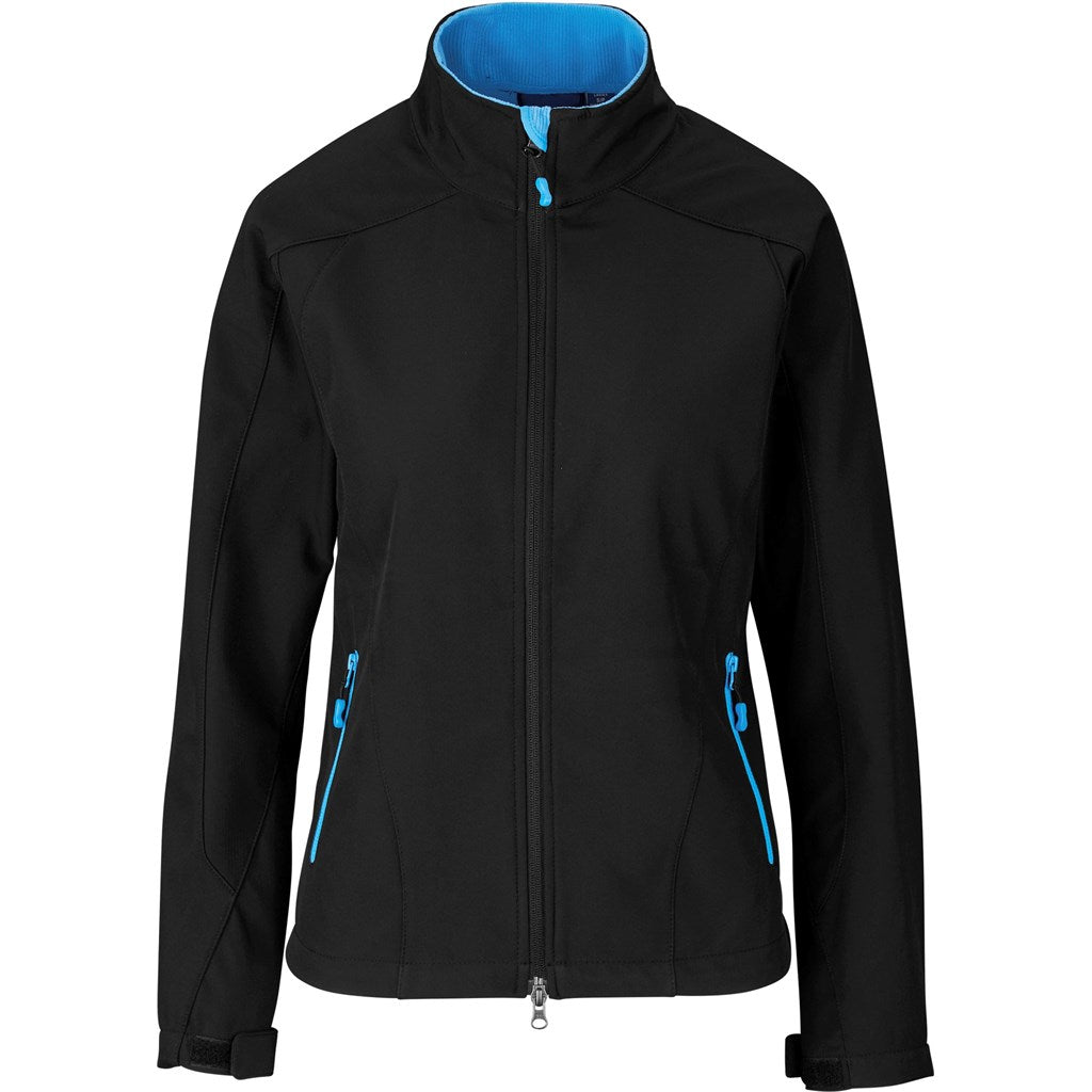 Ladies Geneva Softshell Jacket - Black Cyan | Jackets | Custom-branded corporate clothing | Gift Wrap Shop