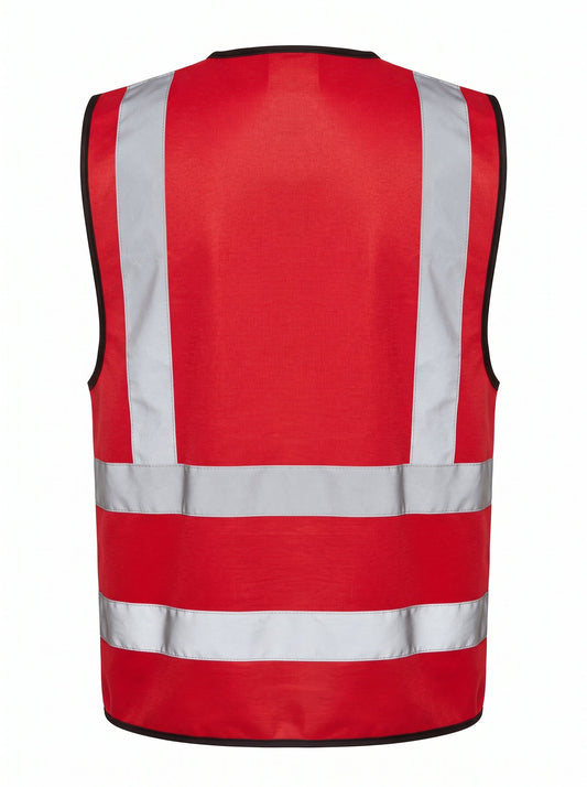 Red High-Visibility Safety Vest with Reflective Strips