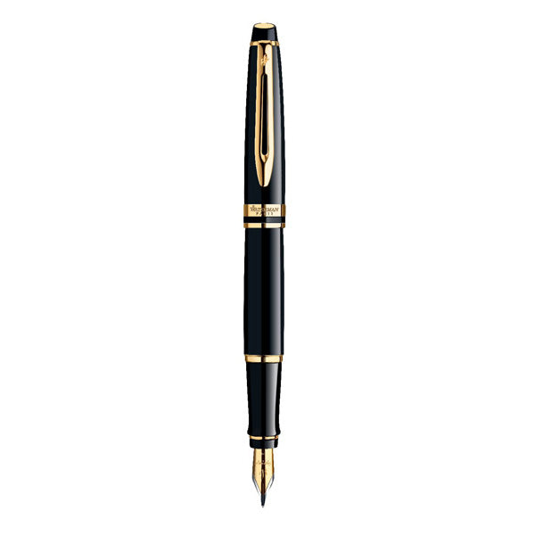 Waterman Expert Fountain Pen Medium Nib Blue Ink - Lacquer Black Gold Trim