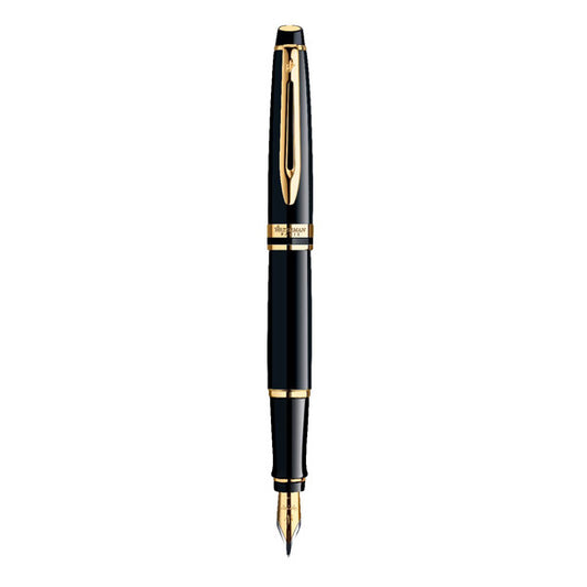 Waterman Expert Fountain Pen Medium Nib Blue Ink - Lacquer Black Gold Trim