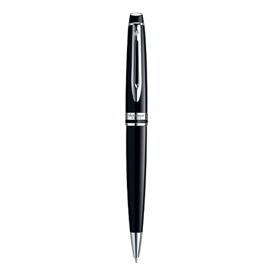 Waterman Expert Ball Pen Medium Nib Blue Ink - Lacquer Black Chrome Trim