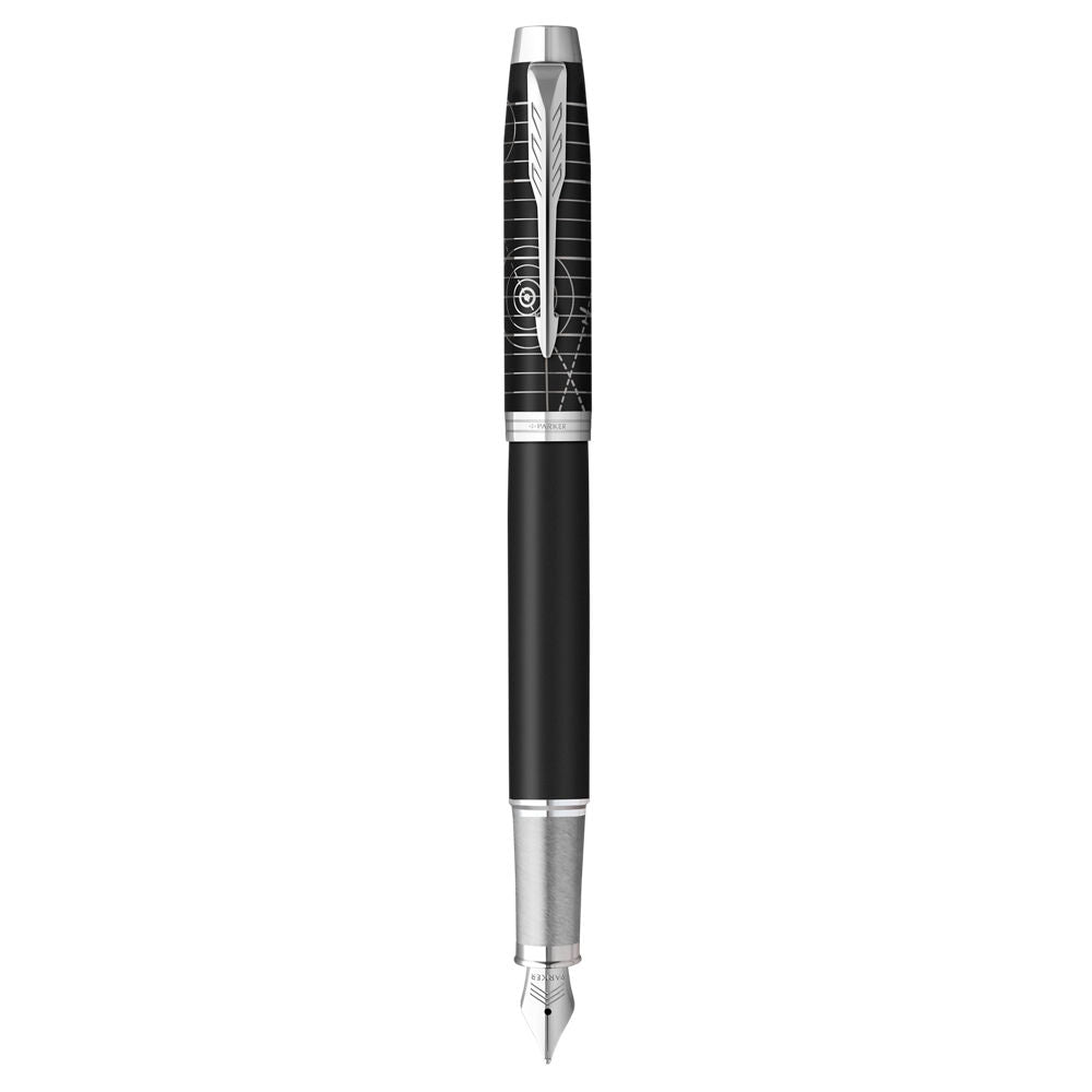 Parker IM XL Fountain Pen Medium Nib Blue Ink Gift Box-Legancy of Flight Black Chrome Trim