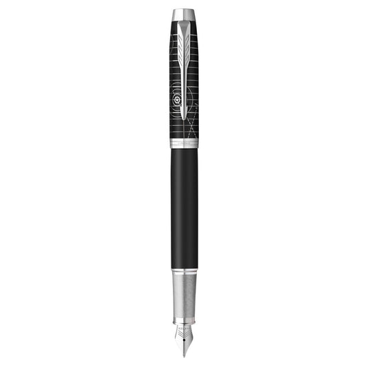 Parker IM XL Fountain Pen Medium Nib Blue Ink Gift Box-Legancy of Flight Black Chrome Trim
