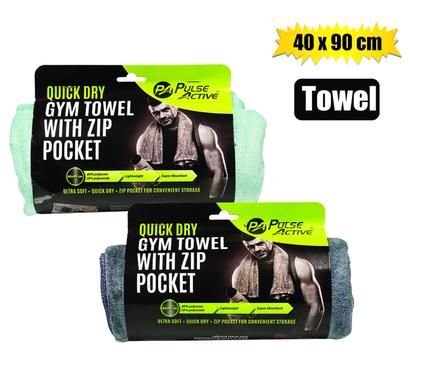 Pulse Active Fitness Gym Towel Zip Pocket 40X90cm