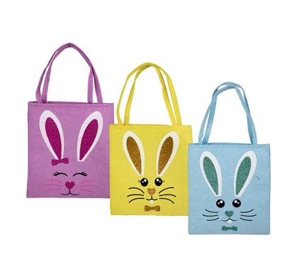 Assorted pink, yellow, and blue Easter hunt bags for festive events and bulk gifting.