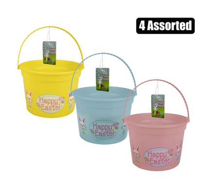 Durable plastic Easter hunt basket with a handle, ideal for collecting eggs and gifting.