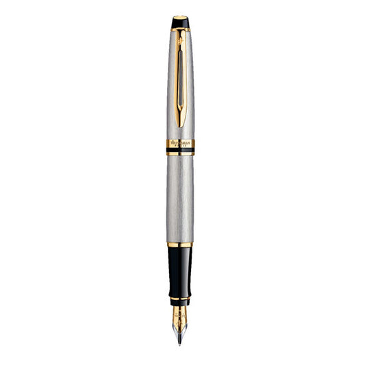 Waterman Expert Fountain Pen Medium Nib Blue Ink - Stainless Steel Gold Trim