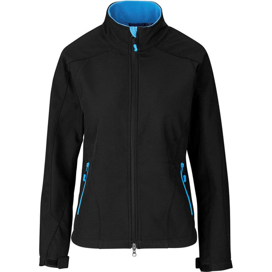 Ladies Geneva Softshell Jacket - Black Cyan | Jackets | Custom-branded corporate clothing | Gift Wrap Shop