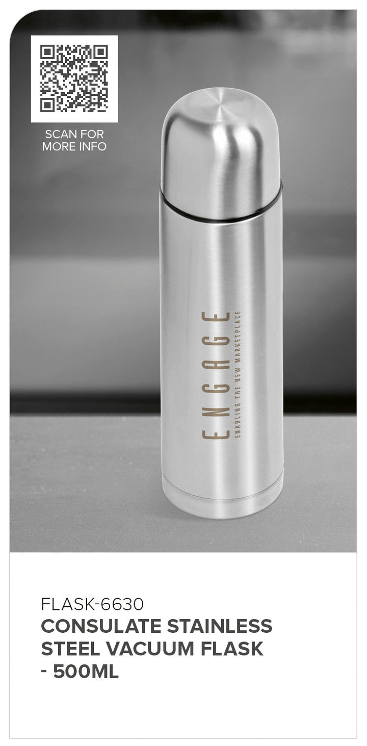 Consulate Stainless Steel Vacuum Flask - 500ml | Metal Drinkware | Custom Branded Drinkware | Gift Wrap Shop