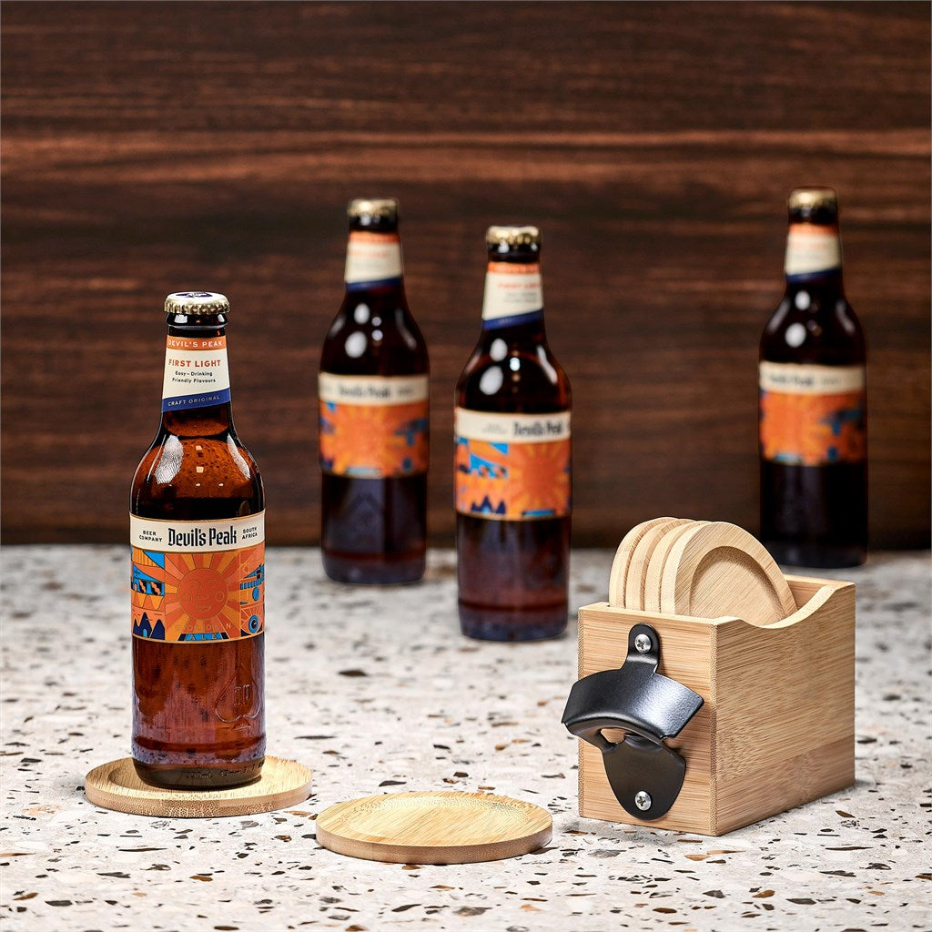 Okiyo Kanpai Bamboo Coaster & Bottle Opener Set-Home and Living-Custom-brsndrd Gifts-Giftwrap Shop