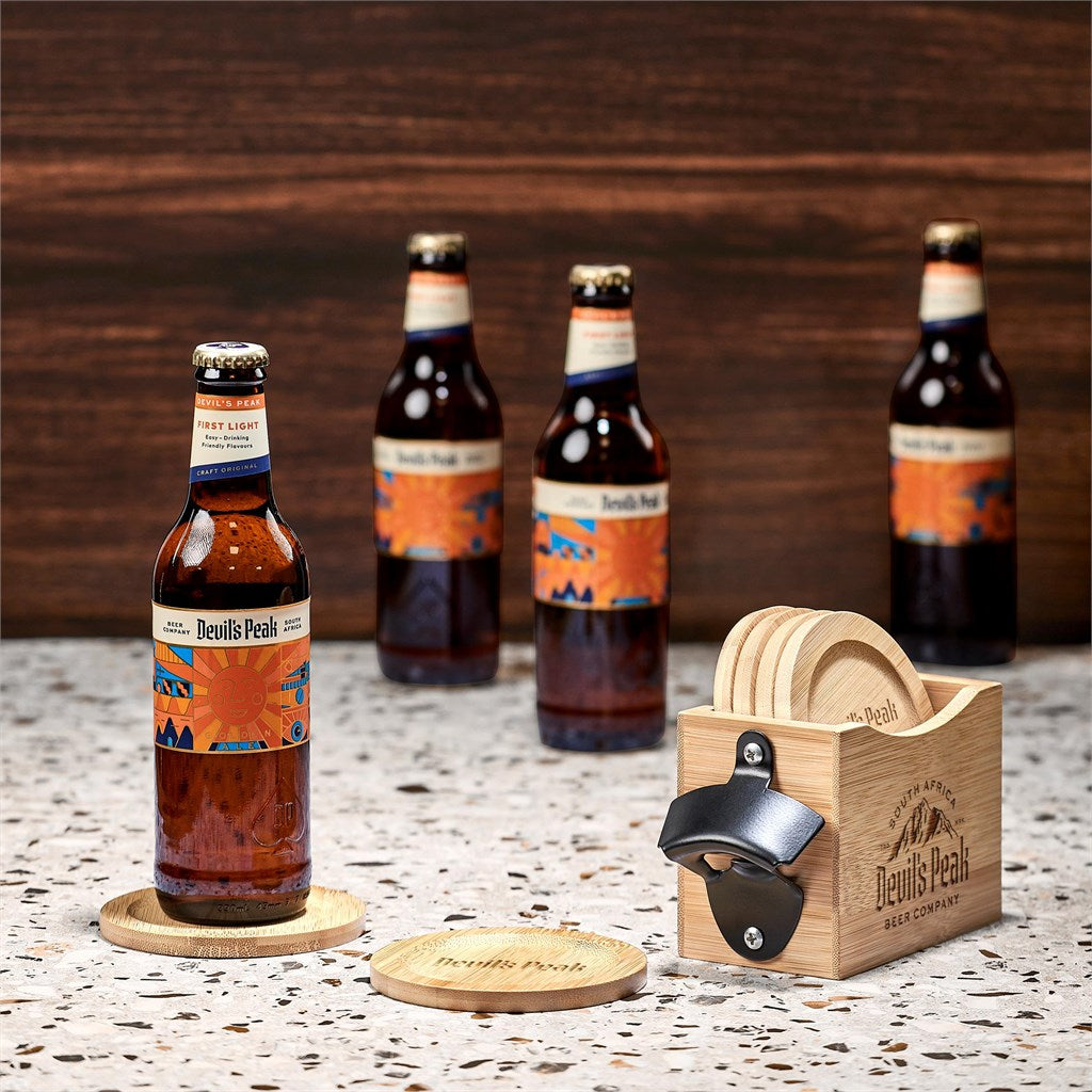 Okiyo Kanpai Bamboo Coaster & Bottle Opener Set-Home and Living-Custom-brsndrd Gifts-Giftwrap Shop