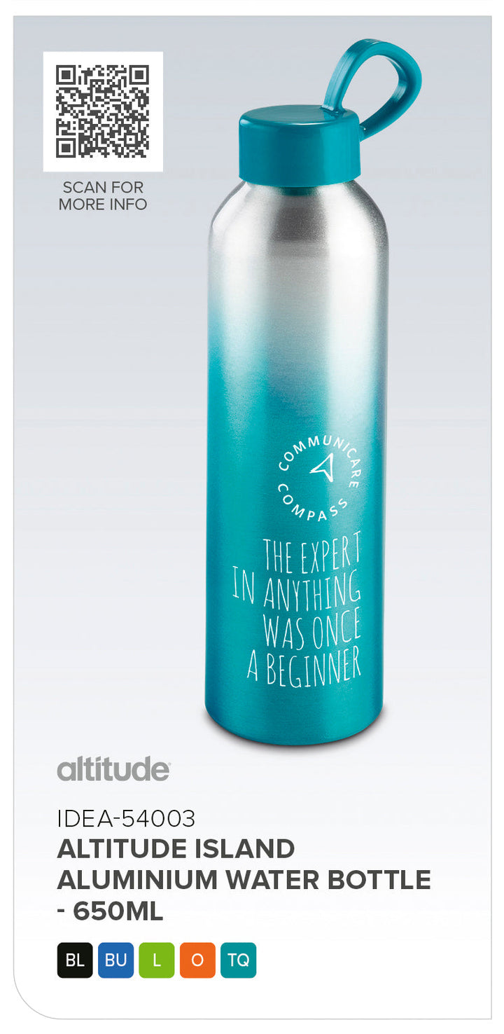 Altitude Island Aluminium Water Bottle - 650ml | Metal Drinkware | Custom branded promotional items | Giftwrap Shop