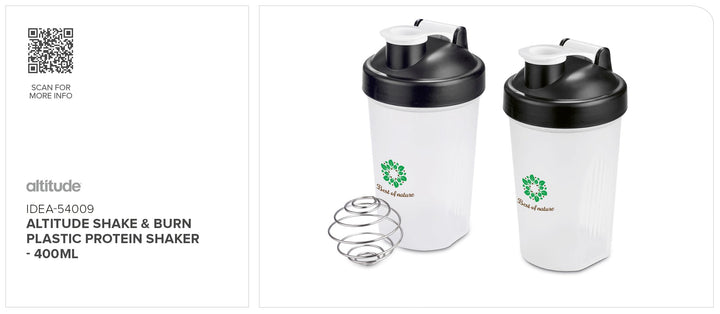 Altitude Shake & Burn Plastic Protein Shaker - 400ml | Plastic Drinkware | Custom Branded & personalised promotional products | Giftwrap Shop