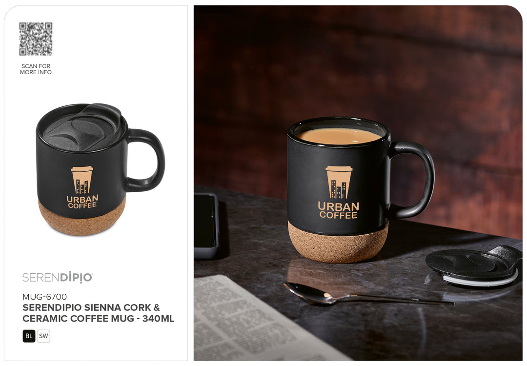 Serendipio Sienna Cork & Ceramic Coffee Mug - 340ml-Ceramic Mugs-Custom branded & personalised mugs-Giftwrap Shop