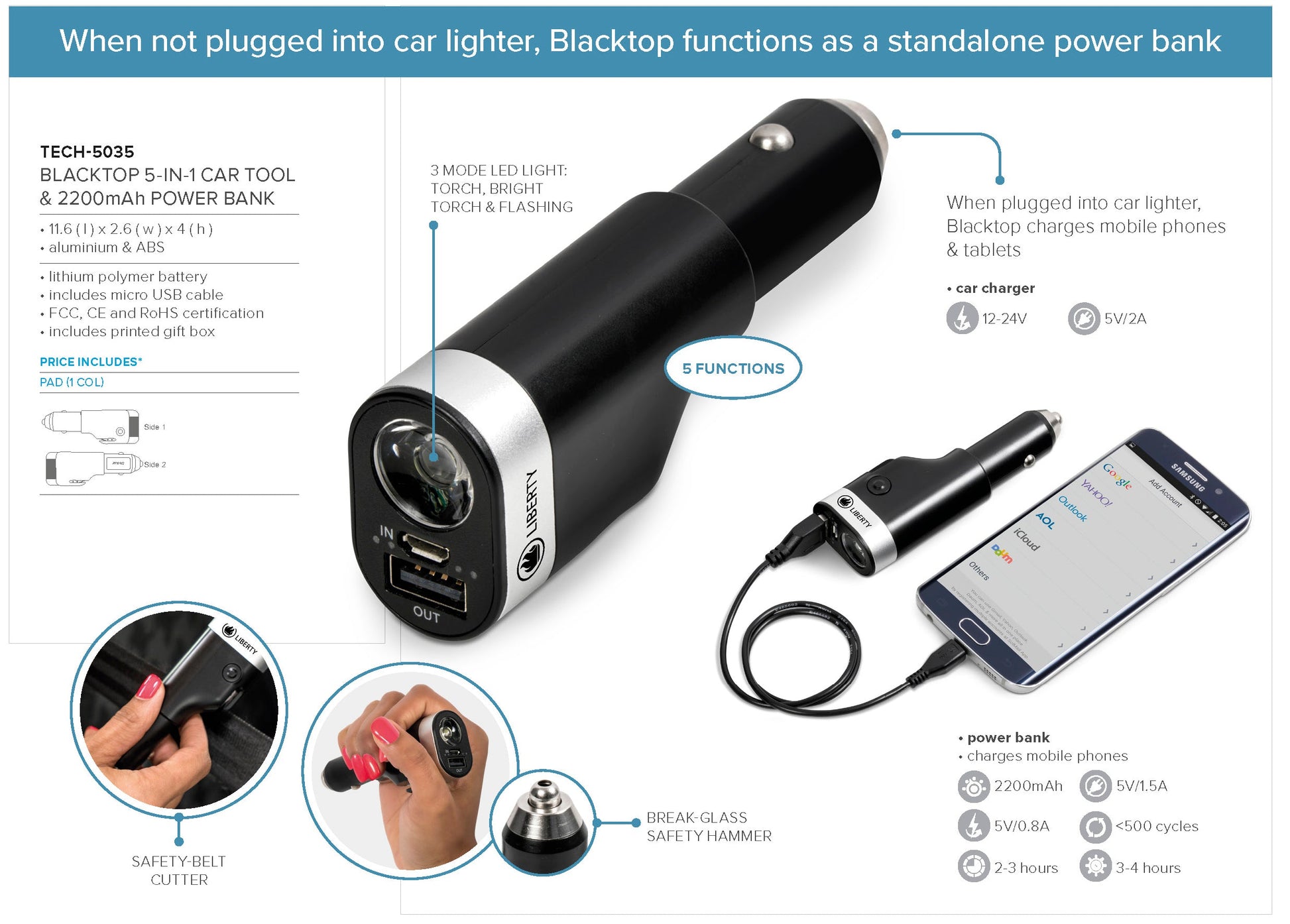 Blacktop 5-In-1 Car Tool & 2200Mah Power Bank-Mobile Tech-custom-branded-Gift Wrap Shop