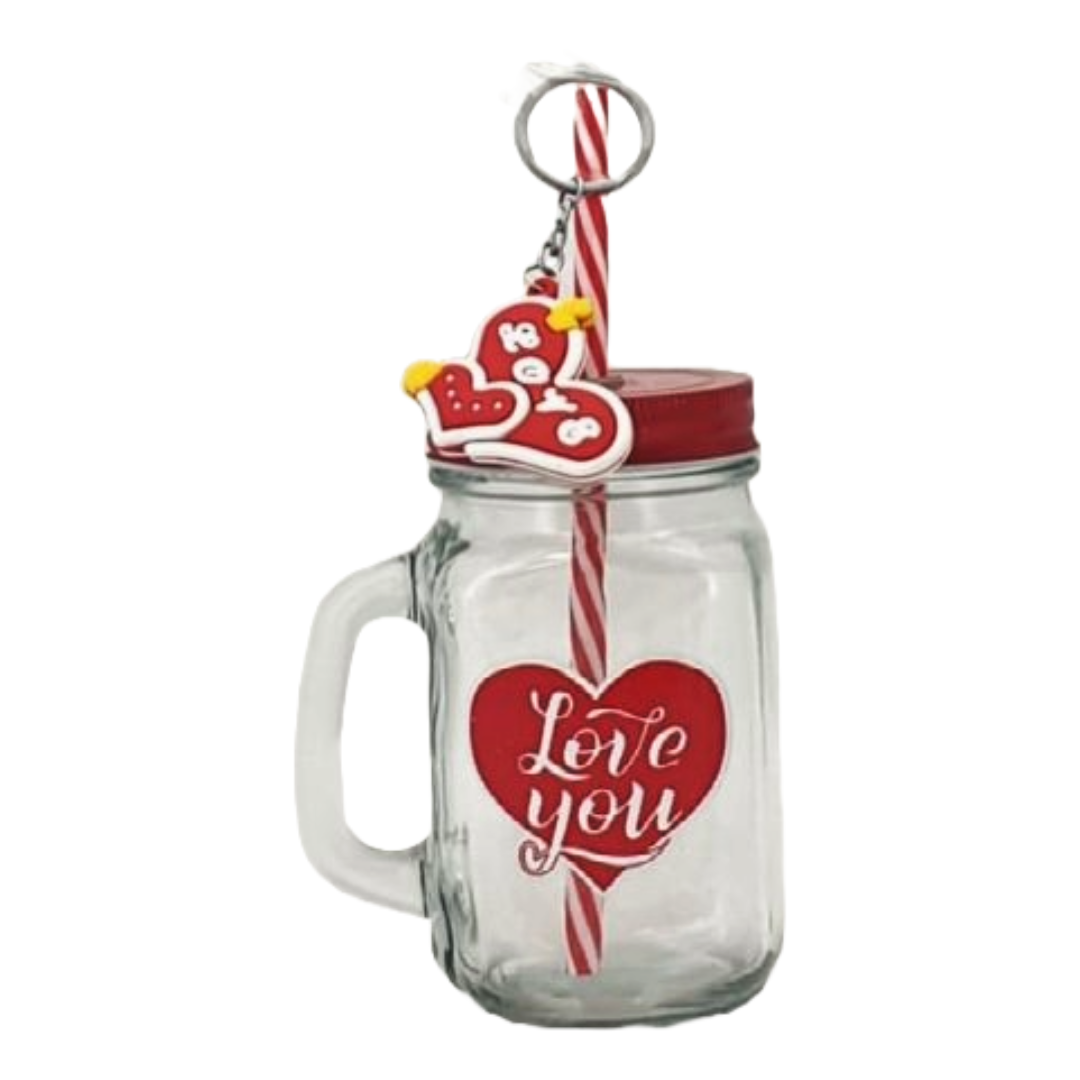 Valentine's Glass Jar with Straw & Keyring Gift  