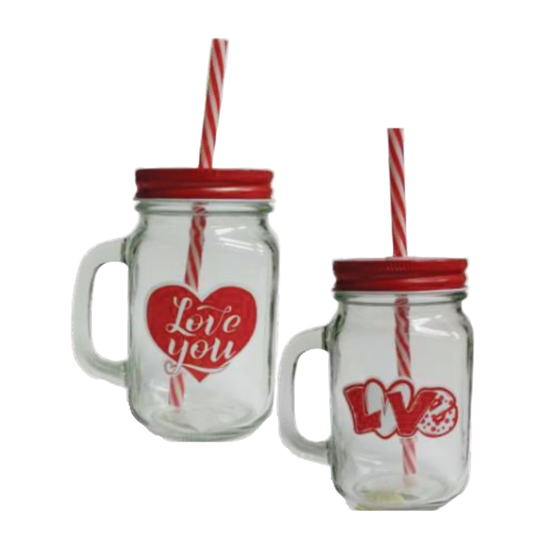 Glass Jar with Lid & Straw Valentine’s Gift  