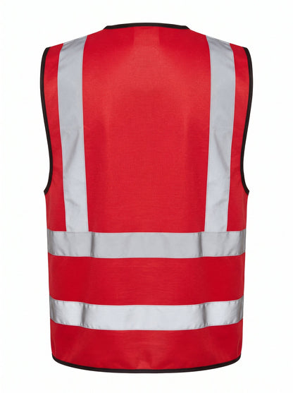 Red High-Visibility Safety Vest with Reflective Strips