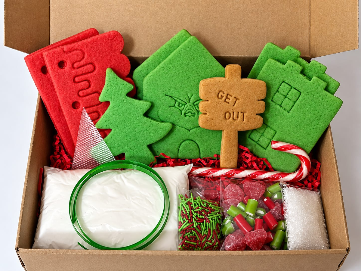 grinch contents – Christmas biscuit house decorating kit