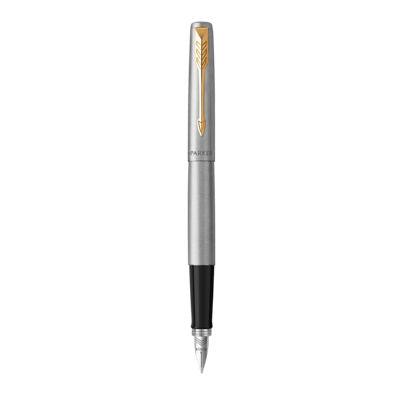 Parker Jotter Fountain Pen Medium Nib Blue Ink Gift Box - Stainless Steel Gold Trim
